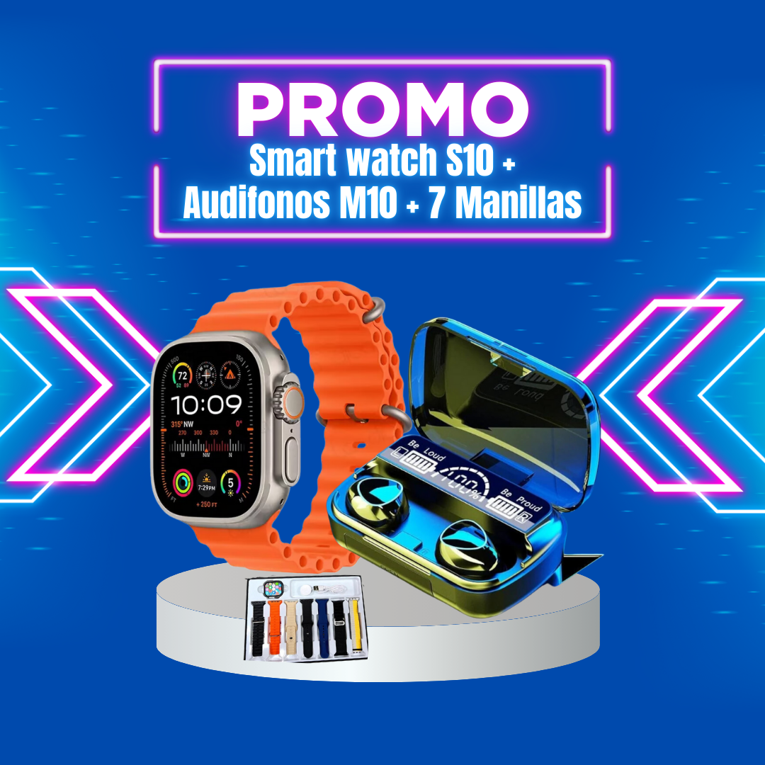 SMART WATCH S10 + AUDIFONOS M 10 + 7 MANILLAS